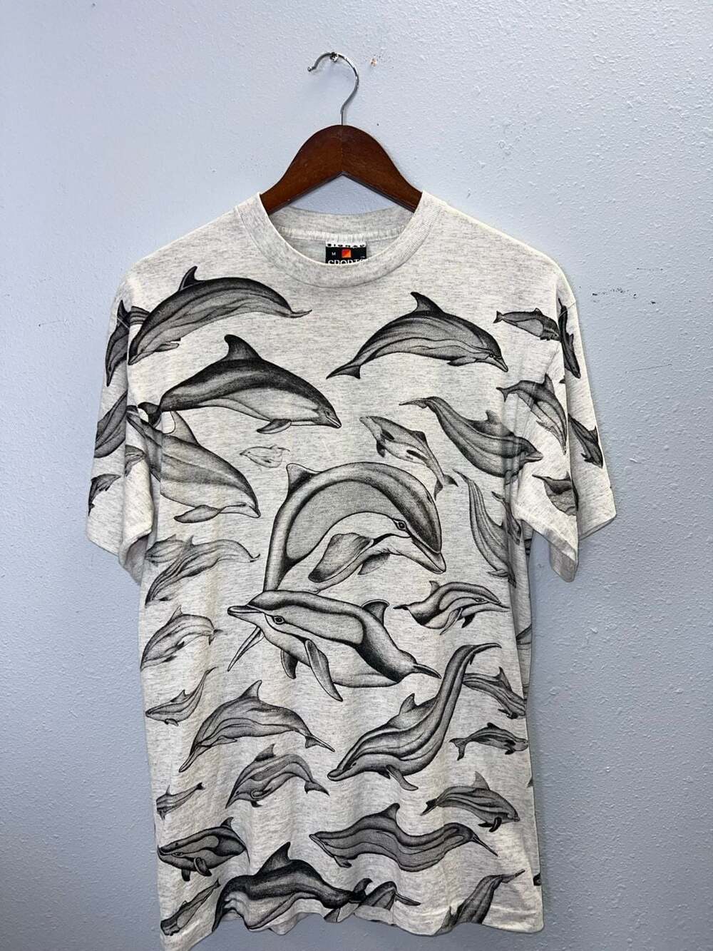 Vintage 90s Dolphin All Over Print AOP Shirt Mens M Gray Kona Hawaii Signal